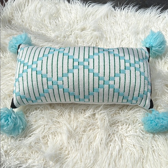 Blue and White Geometric Pillow with Pom Pons new - Picture 2 of 3